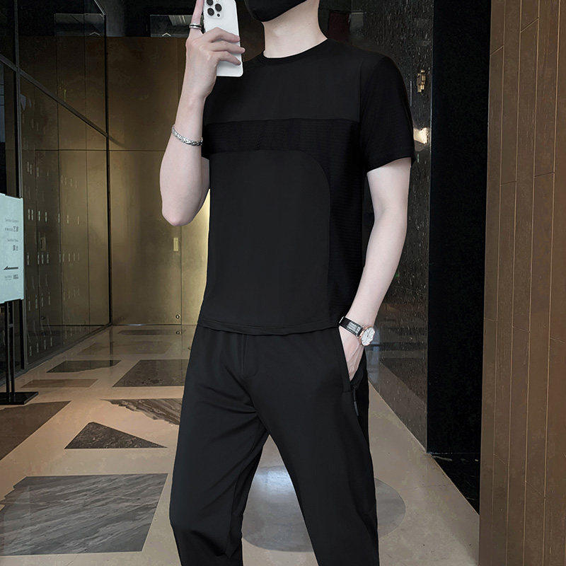 高端男士休闲运动套装新款夏季薄款速干冰丝短袖T恤九分裤两件套