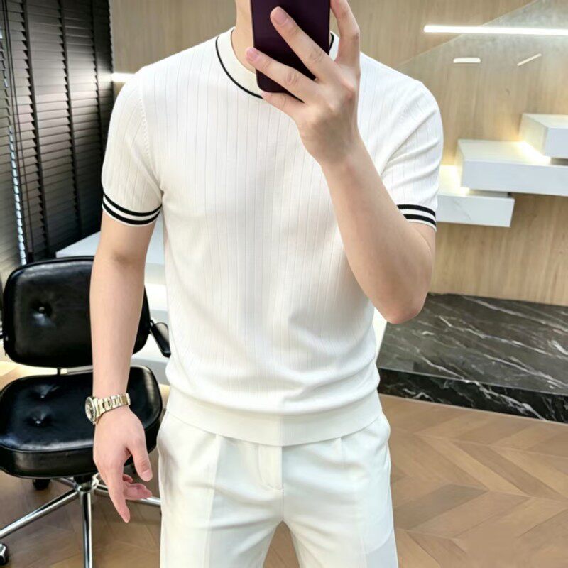 高端品牌冰丝针织衫短袖男2026新款潮牌休闲修身高品质透气T恤帅