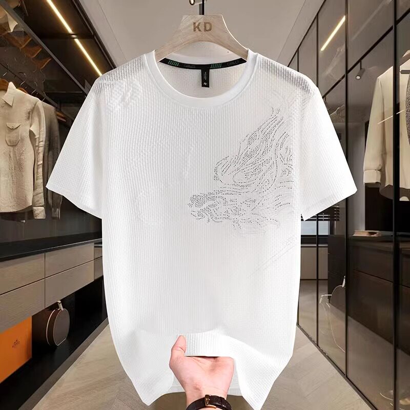 轻奢烫钻短袖T恤男圆领修身夏季新款潮牌印花冰丝白色男士上衣薄