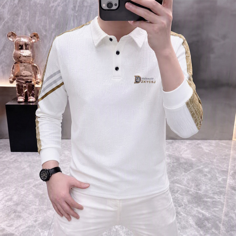 春秋男士白色翻领Polo衫条纹织带设计修身百搭商务休闲长袖T恤男图片