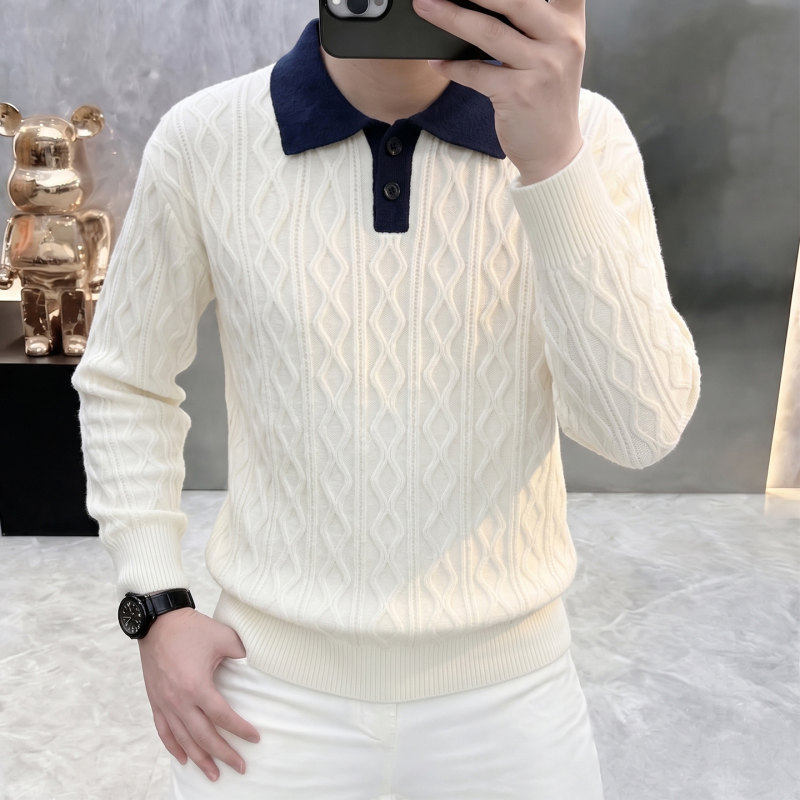 高端男士翻领绞花针织POLO衫秋冬撞色领长袖毛衣商务休闲打底衫男