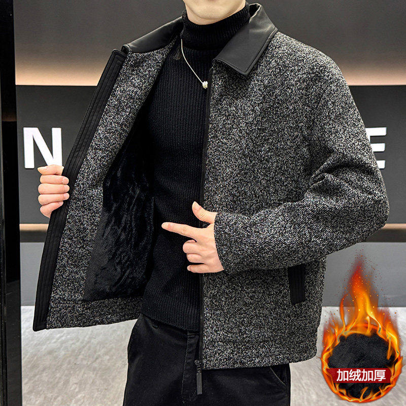 品牌男士休闲夹克2025新款冬季加绒加厚百搭修身翻领短款时尚外套