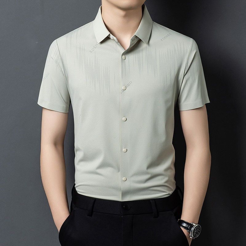 高端品牌男士商务短袖衬衫2026夏季新款百搭时尚印花冰丝凉感衬衣