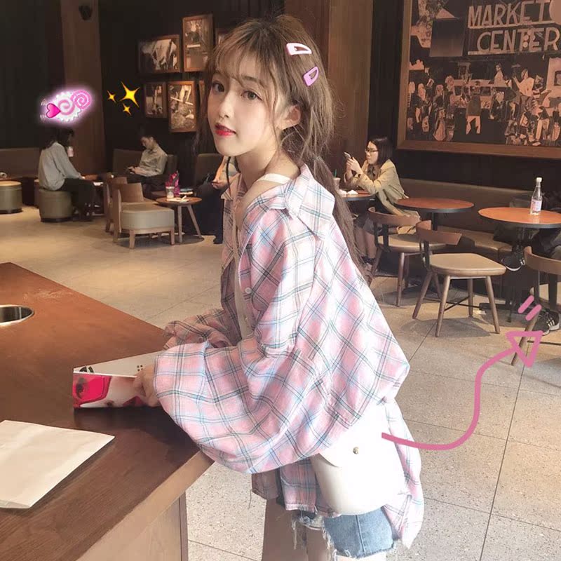 很仙的上衣洋气衬衣春季2019新款韩版宽松流行防晒格子衬衫女长袖|msdalam kategori Butik wanita / wanita, shirt - dari Buy2taobao.com untuk memberikan perkhidmatan ejen Taobao profesional membeli