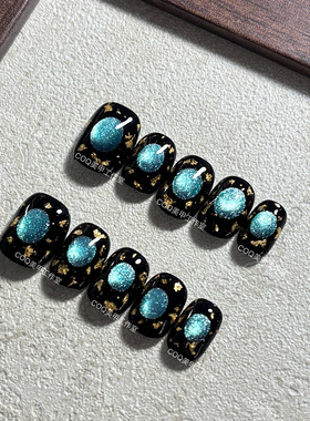 【实拍】纯手工穿戴甲新款宝石猫眼ins暗黑蓝金显富贵美甲成品