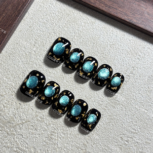 纯手工穿戴甲新款 宝石猫眼ins暗黑蓝金显富贵美甲成品 实拍