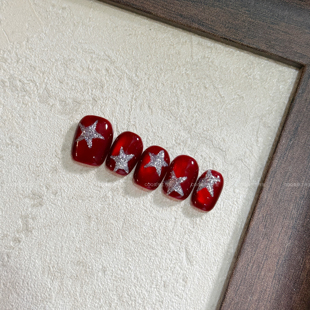 纯手工穿戴甲红色猫眼圣诞新年显白星星美甲高级指甲贴片 实拍