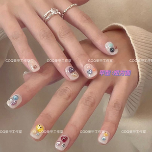 纯手工穿戴甲糖豆人可爱小眼睛小众显白美甲贴片成品 实拍