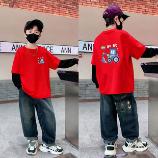 儿童长袖纯棉t恤春秋季中大男童装薄款打底假两件潮款红色上衣冬