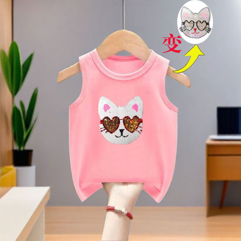 夏季新款套头女童无袖变色背心纯棉薄款中大儿童休闲亮片上衣洋气