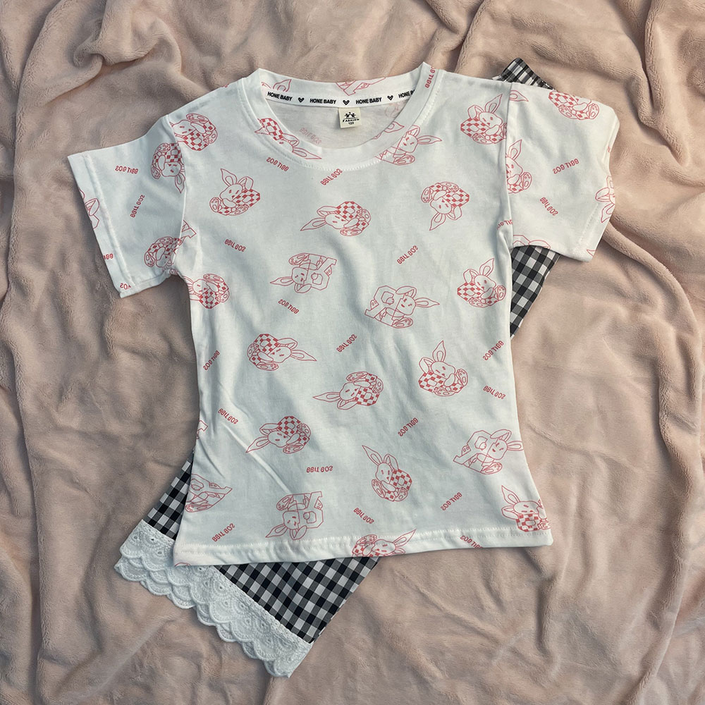 夏季儿童睡衣短袖长裤纯棉中大女宝宝萌趣花边休闲套装家居服薄款