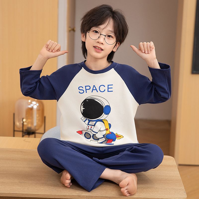 春秋季长袖男童睡衣纯棉圆领中大童装男孩休闲可爱卡通家居服套装