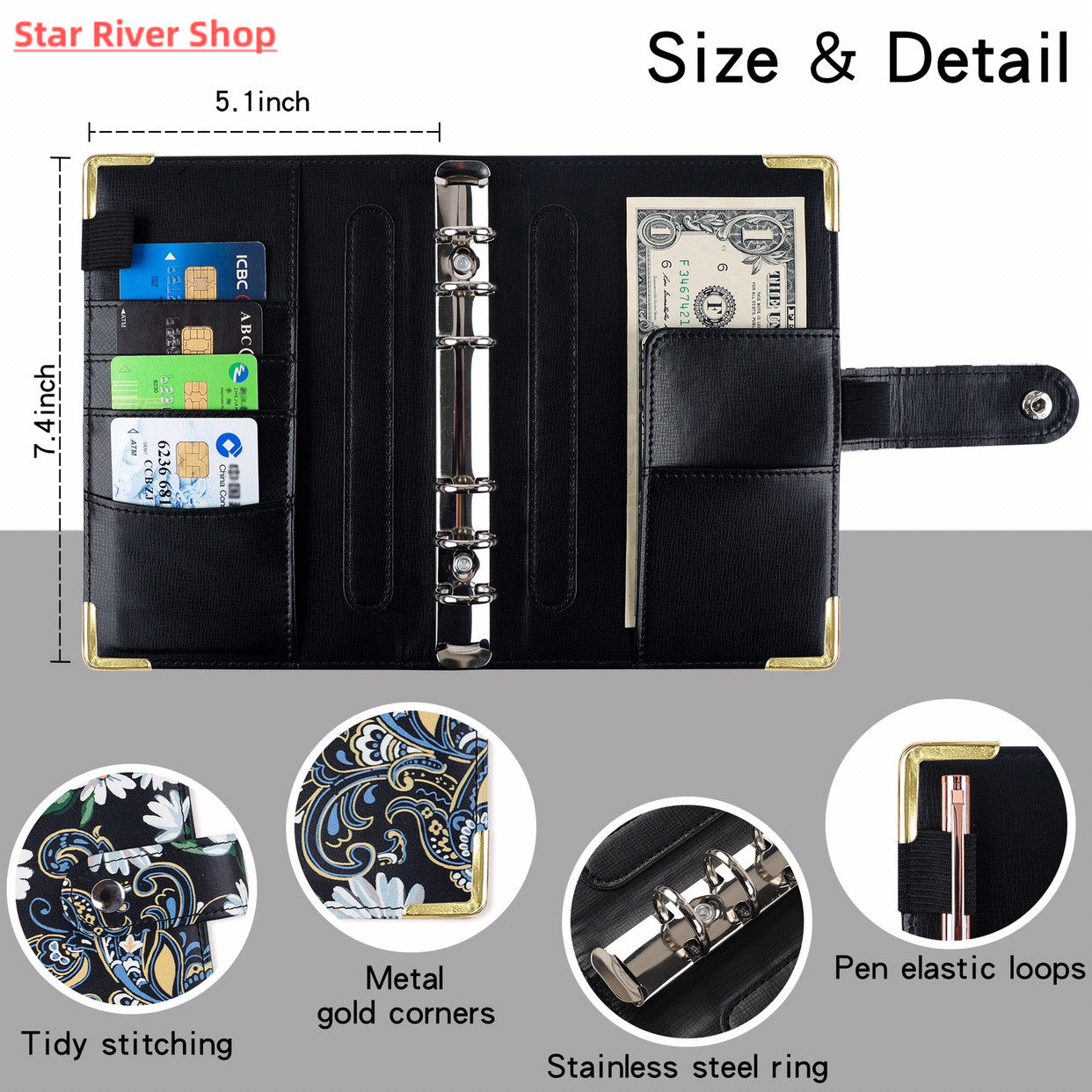 A6 PU 가죽 바인더 예산 플래너 현금 봉투 지갑 포함