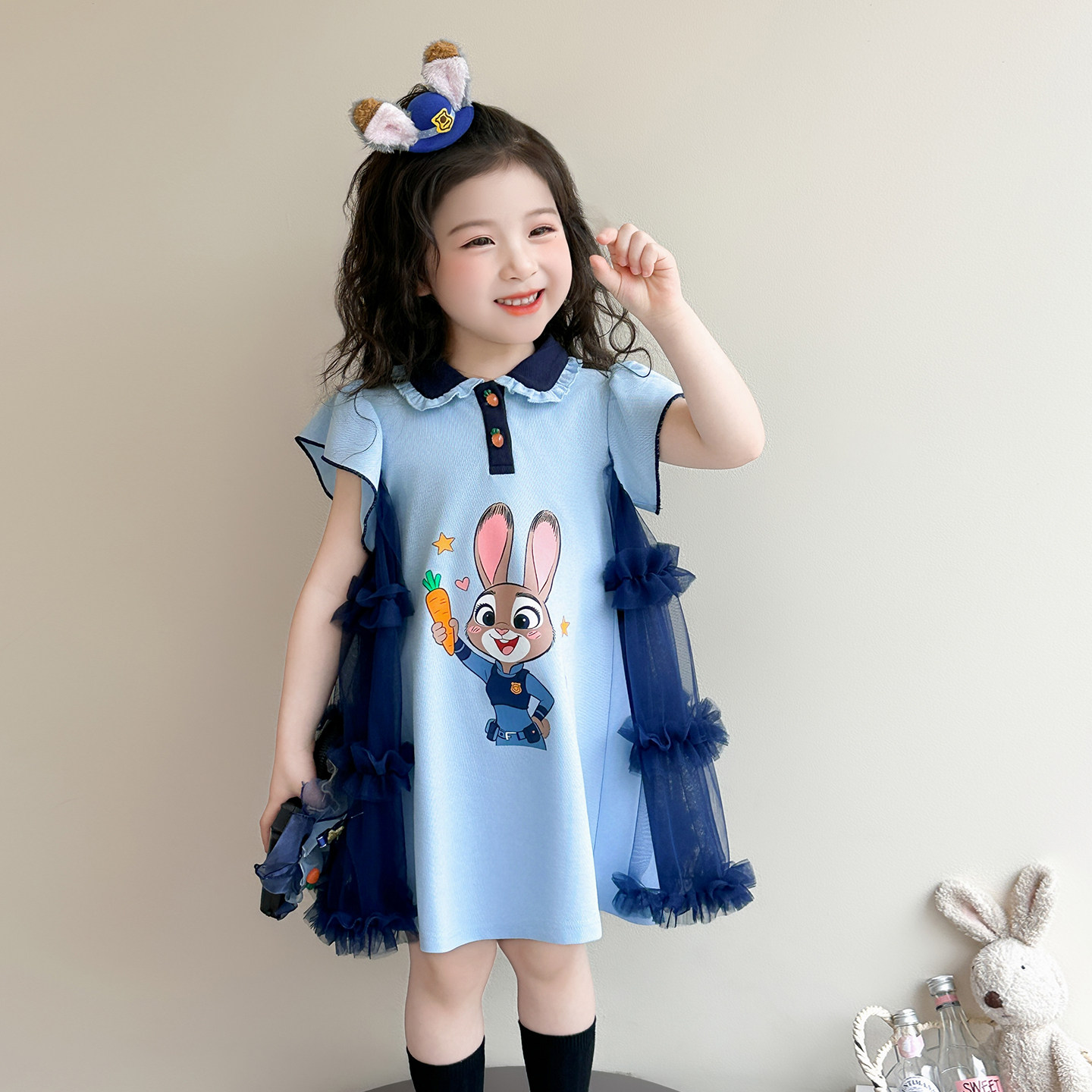 女童甜美POLO裙卡通兔子连衣裙夏季网纱拼接短袖女宝宝公主裙洋气