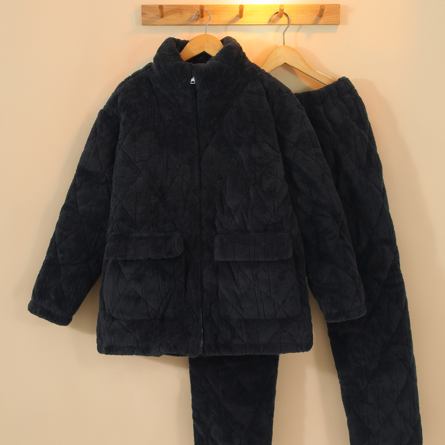 可外穿男睡衣冬季拉链珊瑚绒夹棉