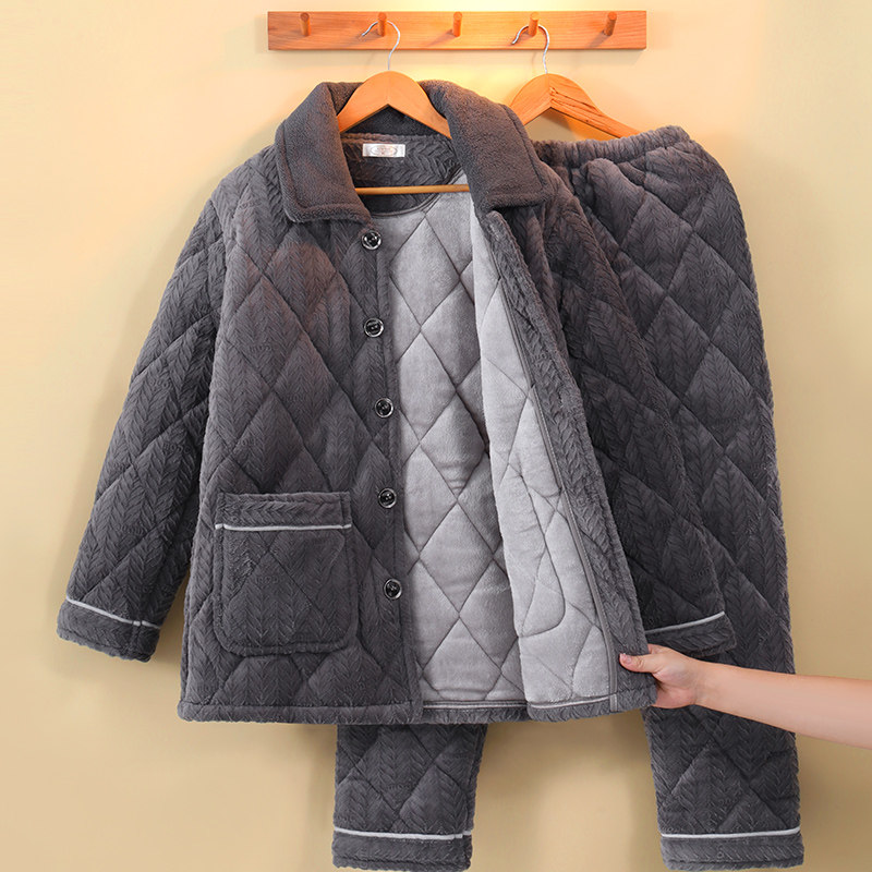 睡衣男士冬季保暖珊瑚绒三层夹棉套装中老年爸爸法兰绒开衫家居服,女士内衣/男士内衣/家居服,睡衣/家居服套装,淘宝优惠券,粉丝福利购,淘宝优惠卷