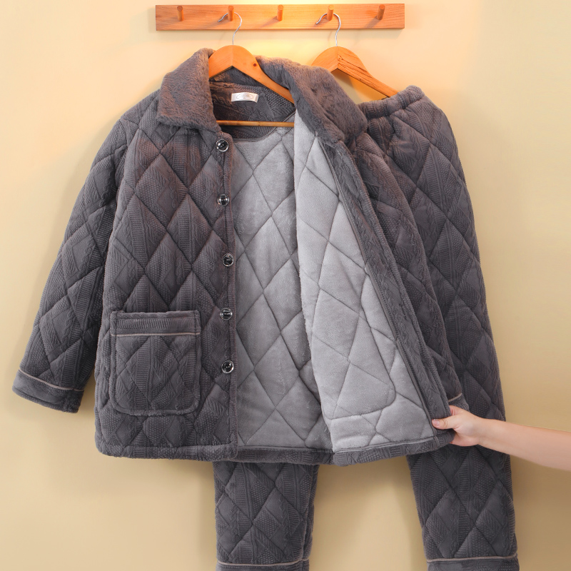 爸爸家居服冬季三层夹棉加厚加绒