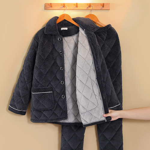 中老年冬季睡衣男士三层夹棉套装