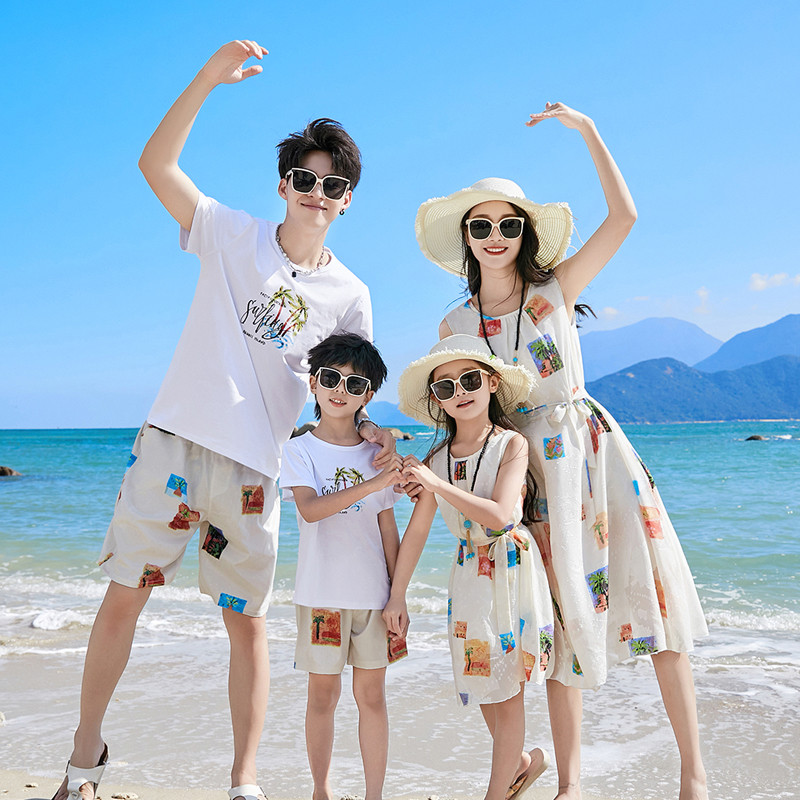 海边度假亲子装一家三四口沙滩裙母女装高端洋气雪纺连衣裙全家装