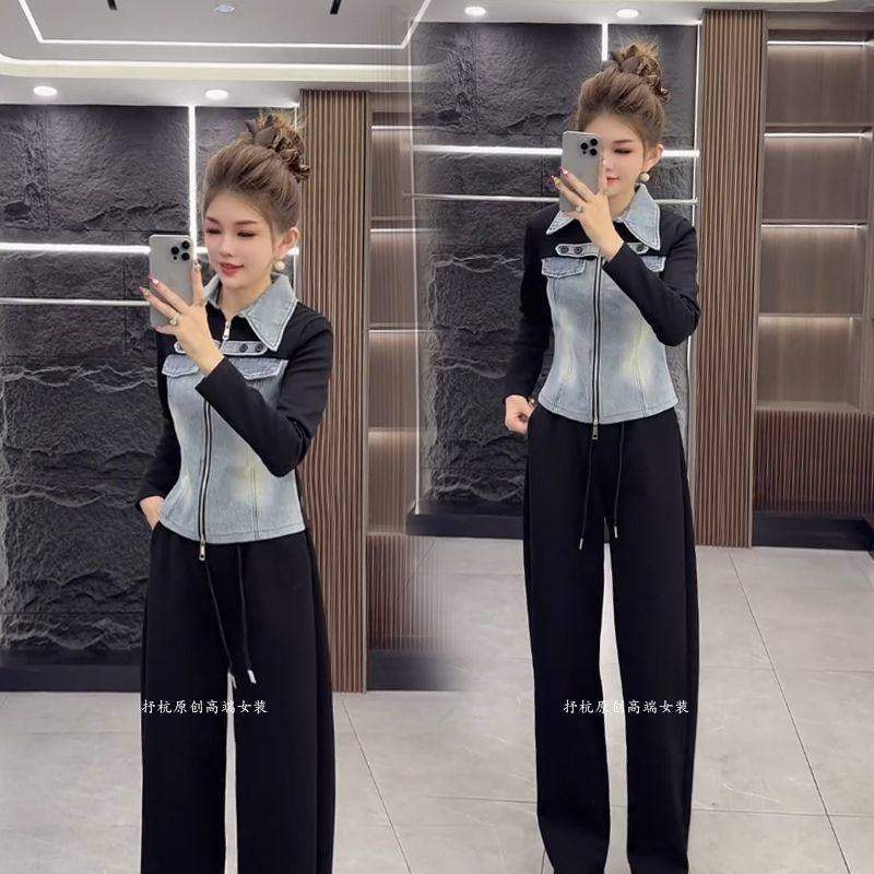 欧货2026早春新款时髦拼接翻领牛仔显瘦减龄上衣高腰阔腿裤两件套,女装/女士精品,时尚套装,淘宝优惠券,粉丝福利购,淘宝优惠卷