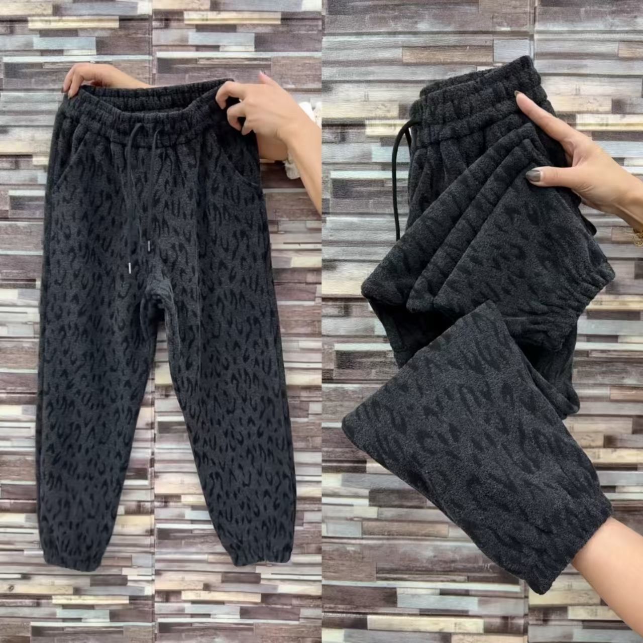 欧货加绒豹纹休闲裤女松紧腰宽松遮肉显瘦哈伦裤2025年爆款九分裤