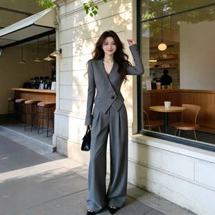 高级感职业气质套装 气质收腰条纹外套阔腿裤 女 搭配一整套时尚 春季