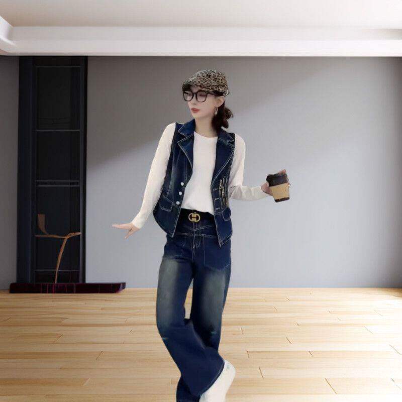 时尚牛仔套装女2026春秋新款洋气显瘦减龄马甲阔腿裤打底衫三套装