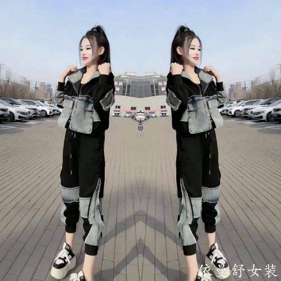 欧货潮牌春装女2026年新款套装设计感连帽拼接牛仔卫衣裤子两件套,女装/女士精品,时尚套装,淘宝优惠券,粉丝福利购,淘宝优惠卷