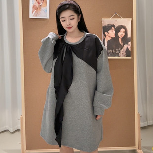 拼接飘带卫衣裙女2026秋冬新款圆领长袖宽松大码中长款遮肉连衣裙
