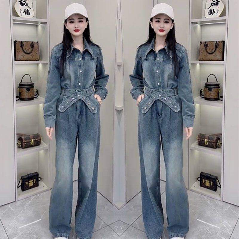 欧货潮流牛仔套装女2026春新款系带显瘦设计POLO领上衣+阔腿裤,女装/女士精品,时尚套装,淘宝优惠券,粉丝福利购,淘宝优惠卷