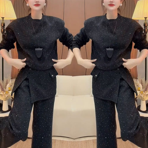 网红同款欧货时尚新款百搭显瘦重工烫钻卫衣高腰带裙弯刀裤三件套