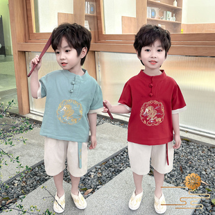 汉服男童夏装薄款2024新款中国风短袖古装男孩中式唐装演出服套装
