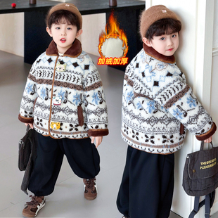 男童费尔岛加厚毛毛衣冬款2025新款儿童加绒外套女孩冬装保暖棉服