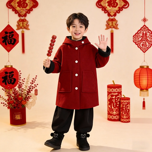 男童红色毛呢大衣外套秋冬2025新款大童中长款双面穿儿童装拜年服