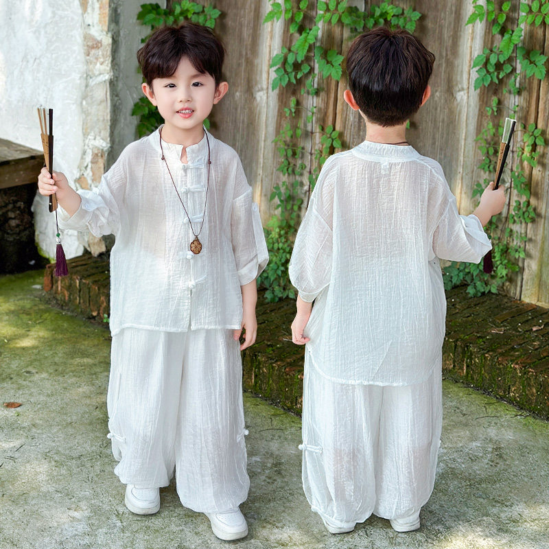 男童套装夏季薄款儿童新中式唐装汉服防晒白色棉麻衬衫裤子两件套