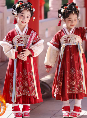 汉服女童中国风喜庆襦裙红色新年古装拜年服儿童保暖加厚连衣裙