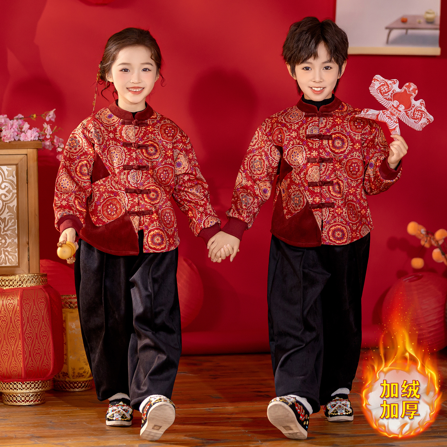 加绒加厚拜年服兄妹装国学中国风演出服幼儿园元旦中式表演服