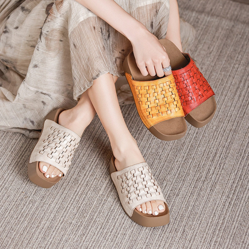 2026新款头层牛皮编织镂空凉拖厚底复古透气一字带拖鞋女外穿