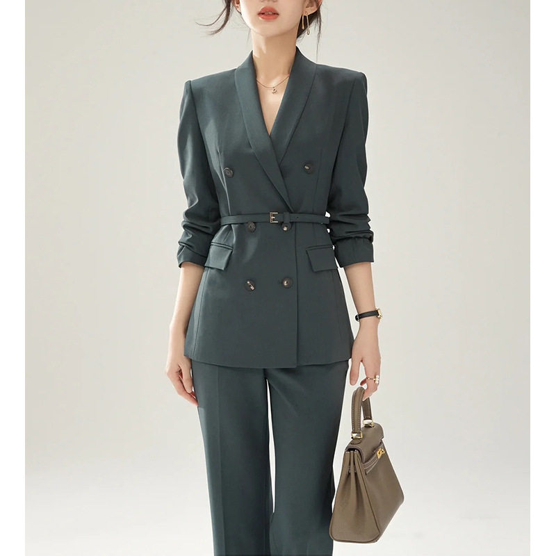 现货厂家春夏新款墨绿通勤青果领西装外套气质显高阔腿裤套装