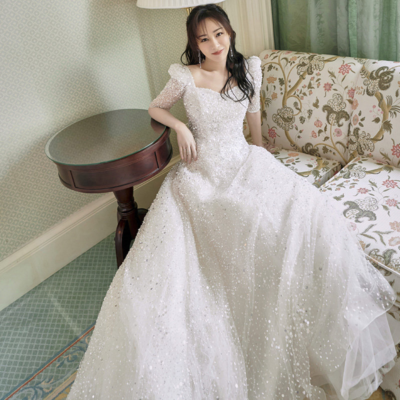 杨紫明星同款晚礼服法式轻婚纱旅拍写真艺术照新娘结婚重工珠绣夏