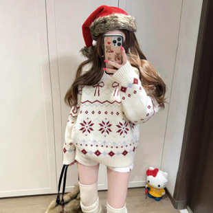 杏色费尔岛套头毛衣女冬季 上衣 圣诞穿搭加厚保暖毛线衣长袖