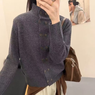 双排扣立领针织开衫秋冬季新款女高级感宽松内搭加厚时尚毛衣外套