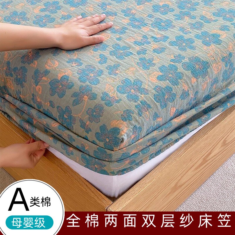 A类母婴级全棉色织双层纱床笠双面纯棉纱布床罩席梦思床垫防尘套