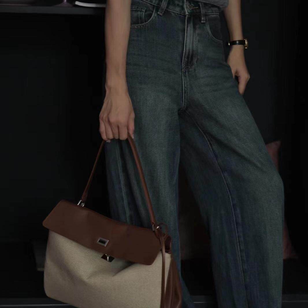 小众复古牛皮质感帆布大容量托特包腋下包铂金包大包包女包凯莉包