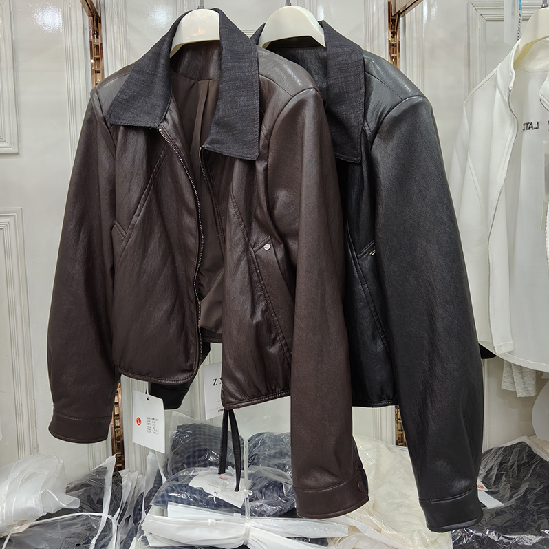 小翻领短款皮衣外套女小个子夹克