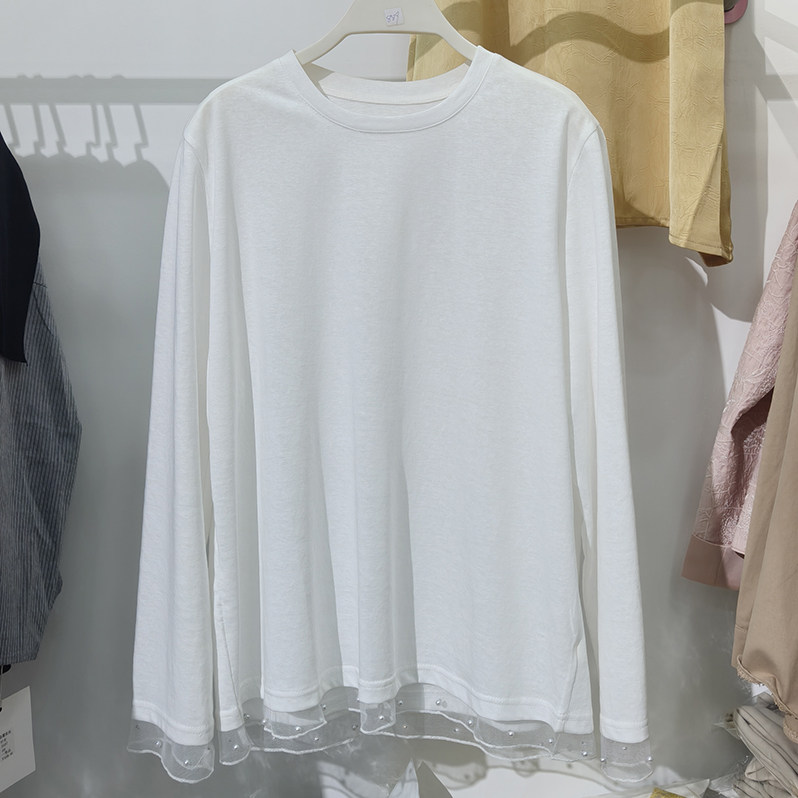 钉珠蕾丝下摆T恤女长袖纯棉打底