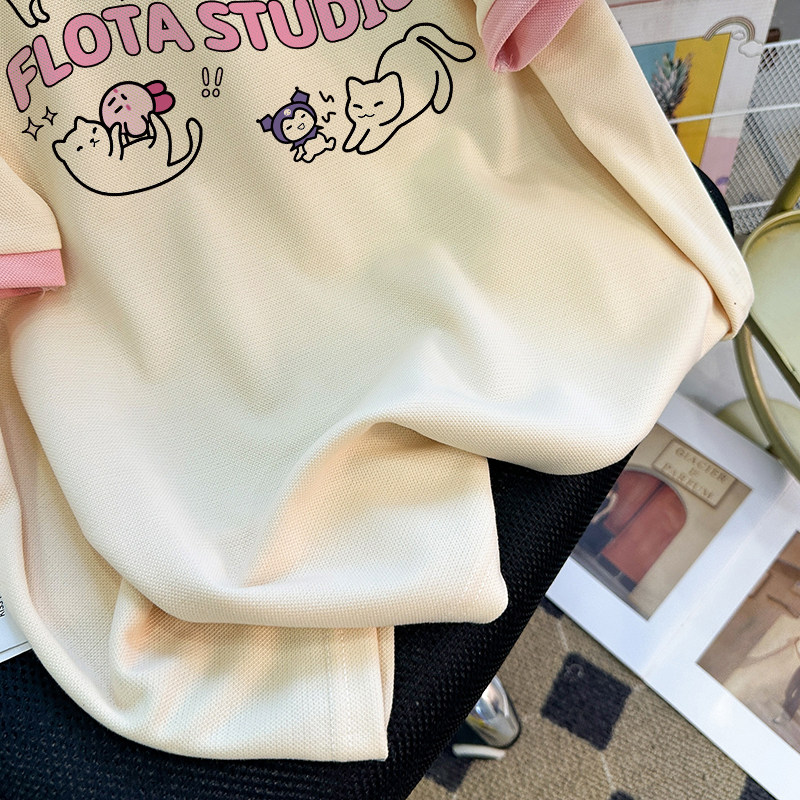 CSVQ PINK GIRL COLOR-BLOCKED SHORT SLEEVE T-SHIRT WOMENS POLO SHIRT FUN CARTOON AGE-REDUCING CASUAL VERSATILE LAPEL TOP