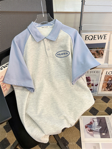 CSVQ 蓝色简约字母POLO衫短袖插肩袖T恤男女学院风情侣装上衣女夏