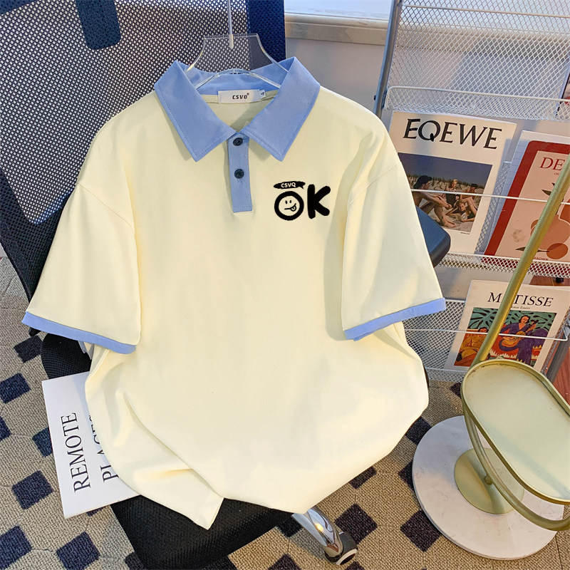 CSVQ COTTON ORIGINAL LETTER VINTAGE POLO NECK SHORT SLEEVE T-SHIRT FEMALE COUPLE LOOSE SWEET COOL VERSATILE AMERICAN TOP