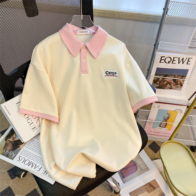 CSVQ ORIGINAL SIMPLE LETTER EMBROIDERY LOOSE LAPEL COLOR-BLOCKED SHORT SLEEVE T-SHIRT POLO SHIRT MENS AND WOMENS TOPS VERSATILE INS
